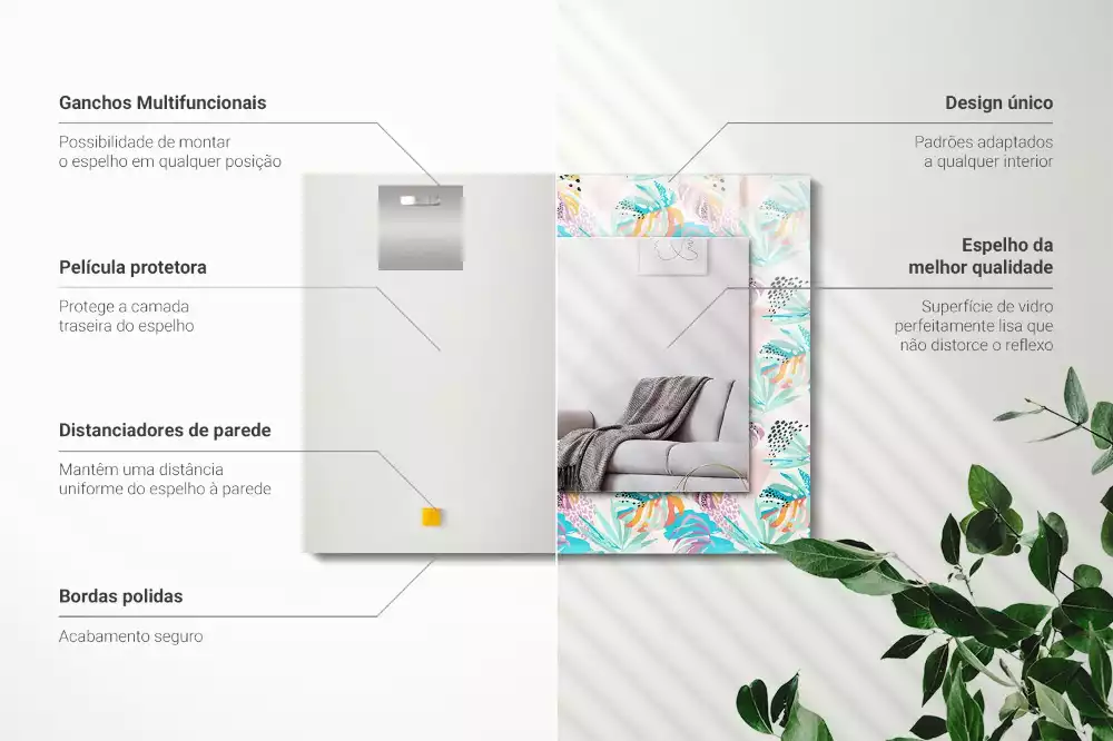 Négyszögletes tükör fali dísz Színes trópusi levelek