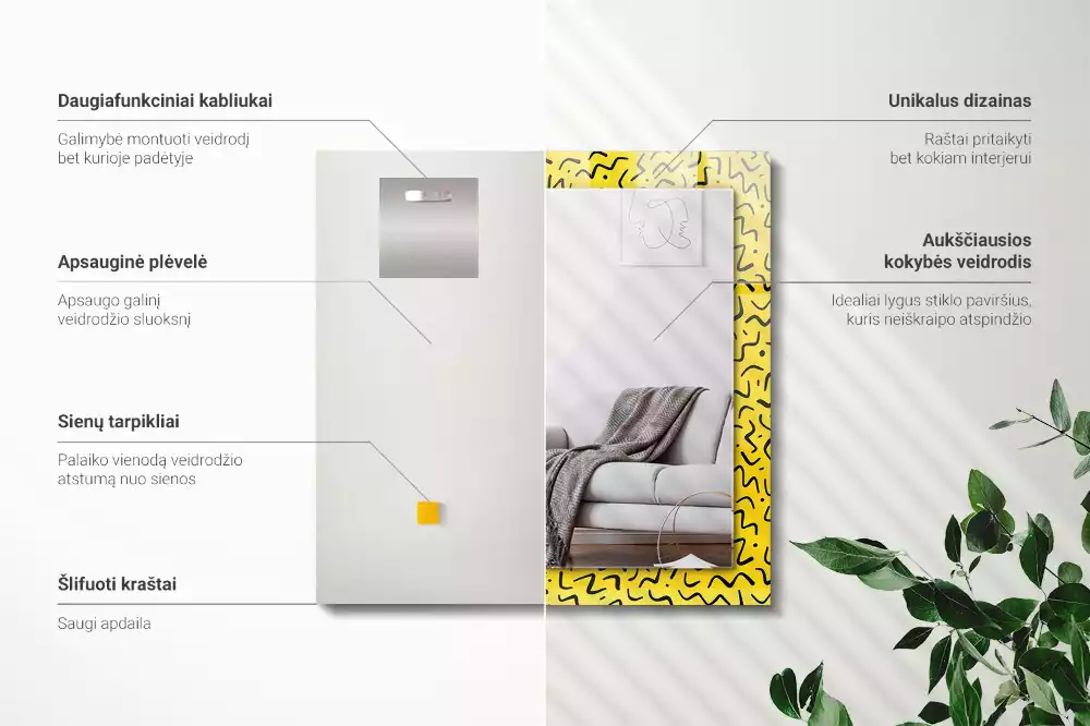 Négyszögletes tükör fali dísz Sárga absztrakt minta