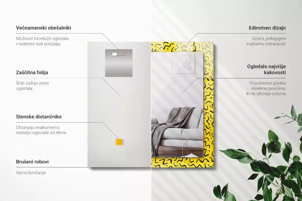 Négyszögletes tükör fali dísz Sárga absztrakt minta
