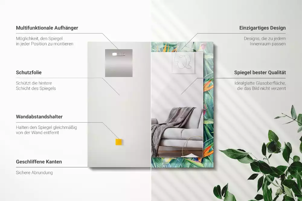 Négyszögletes tükör fali dísz Kolibri és virágok