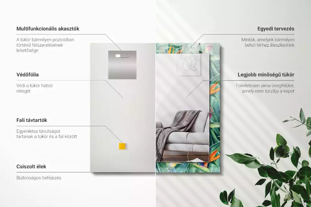 Négyszögletes tükör fali dísz Kolibri és virágok