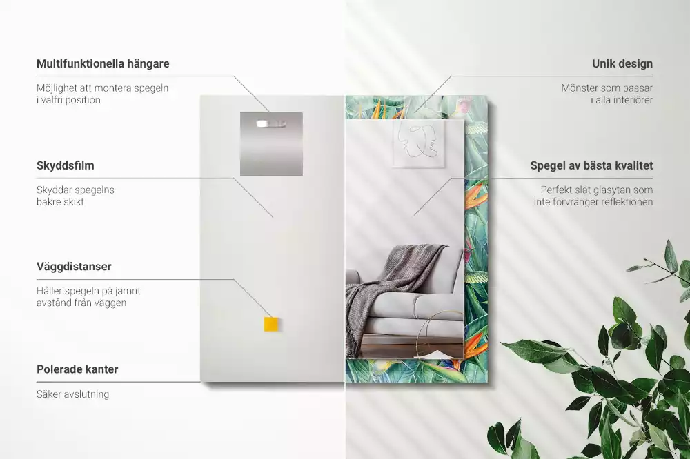 Négyszögletes tükör fali dísz Kolibri és virágok