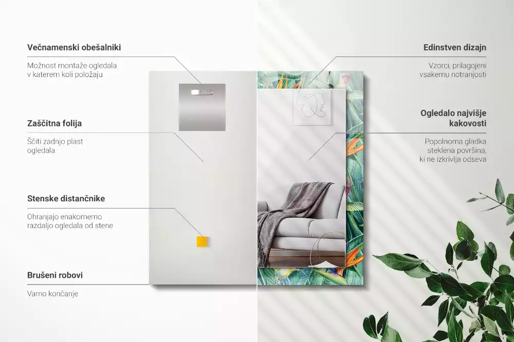 Négyszögletes tükör fali dísz Kolibri és virágok