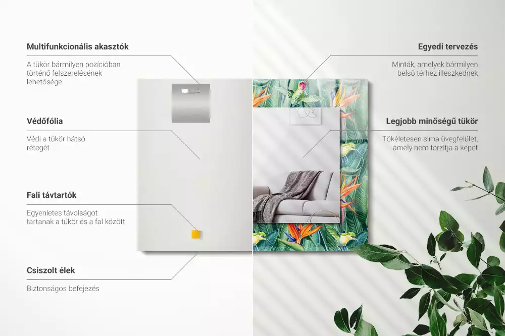 Négyszögletes tükör fali dísz Kolibri és virágok