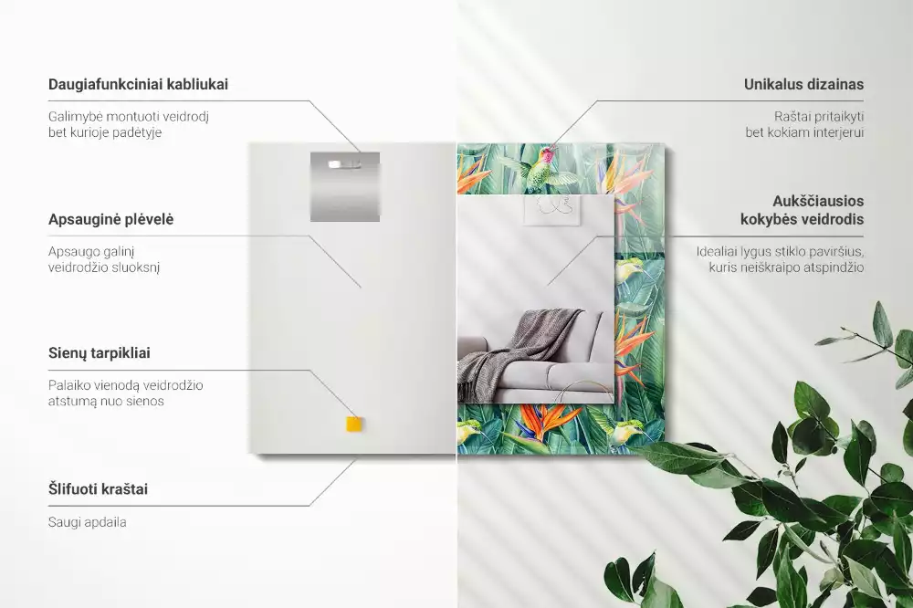 Négyszögletes tükör fali dísz Kolibri és virágok