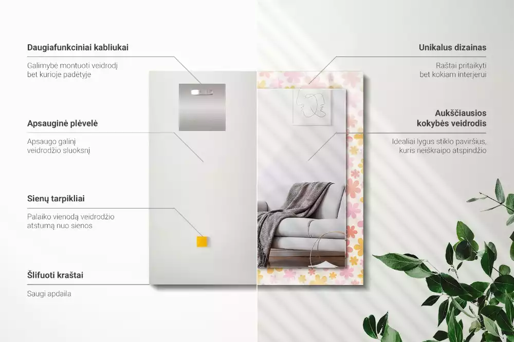 Négyszögletes tükör fali dísz Virágmintás