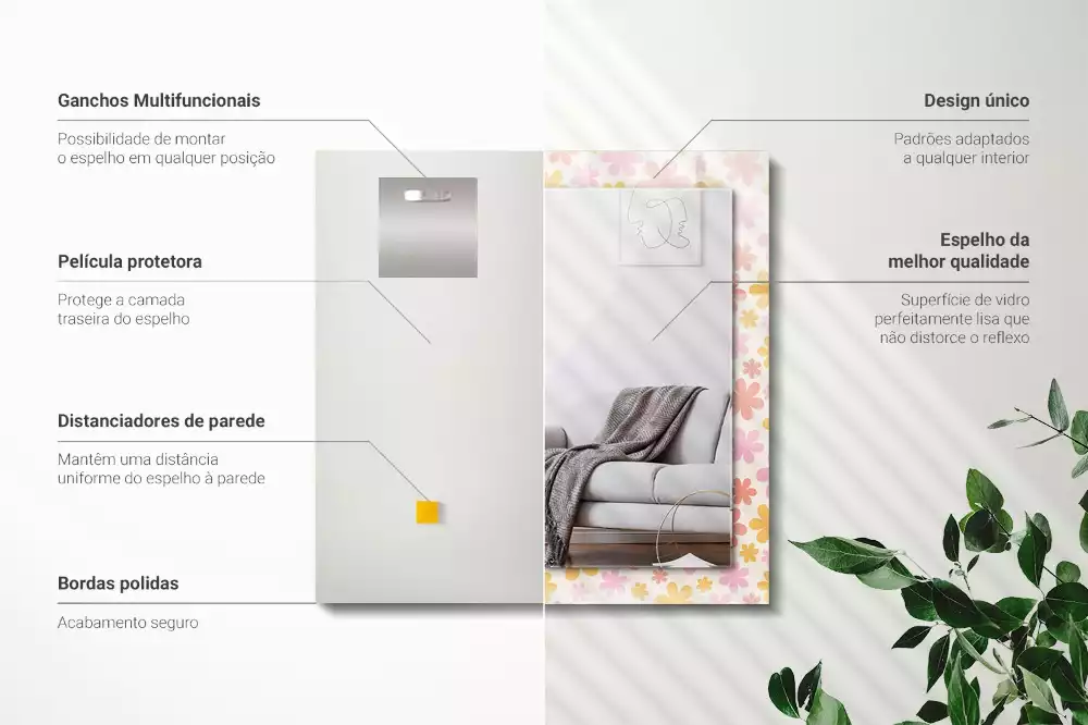 Négyszögletes tükör fali dísz Virágmintás