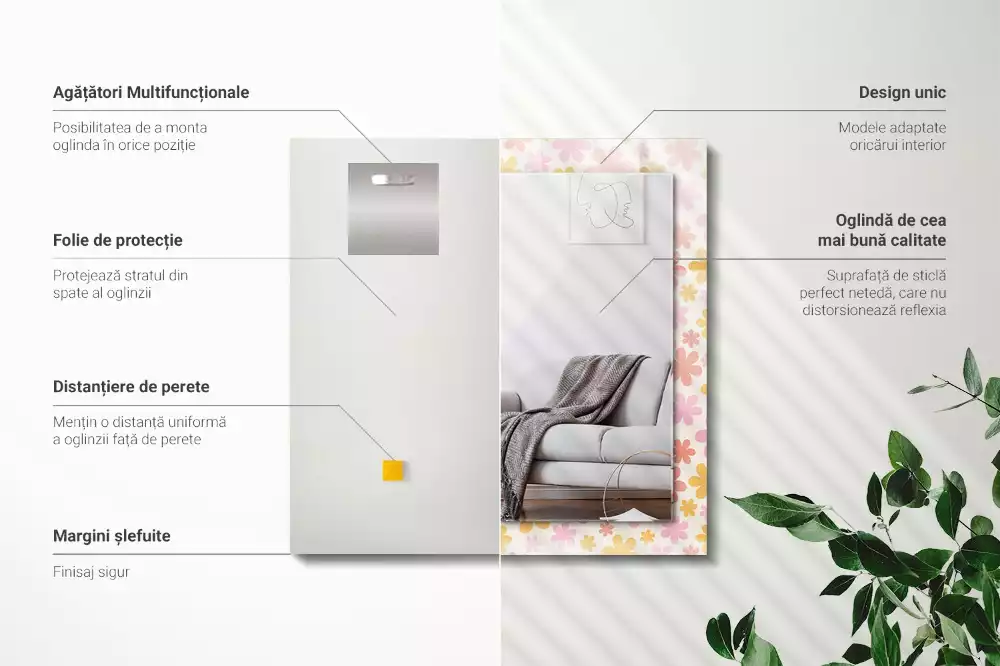 Négyszögletes tükör fali dísz Virágmintás