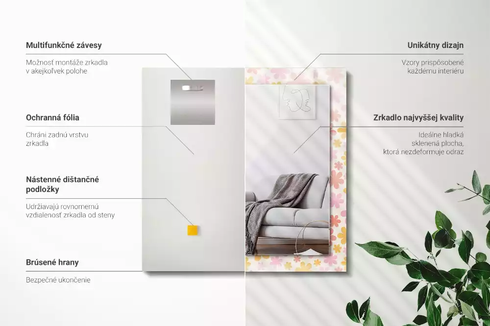 Négyszögletes tükör fali dísz Virágmintás