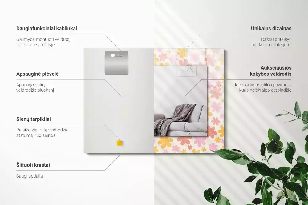 Négyszögletes tükör fali dísz Virágmintás