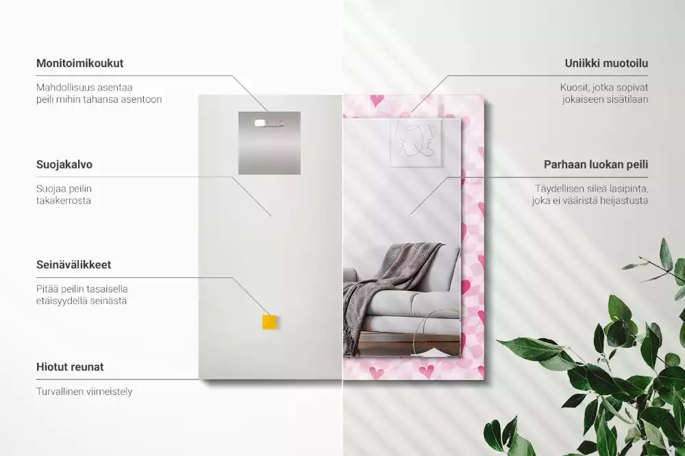 Négyszögletes tükör fali dísz Rózsaszín szívek