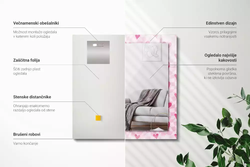 Négyszögletes tükör fali dísz Rózsaszín szívek