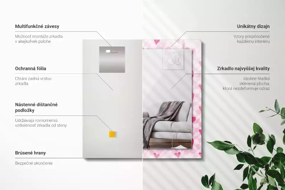 Négyszögletes tükör fali dísz Rózsaszín szívek