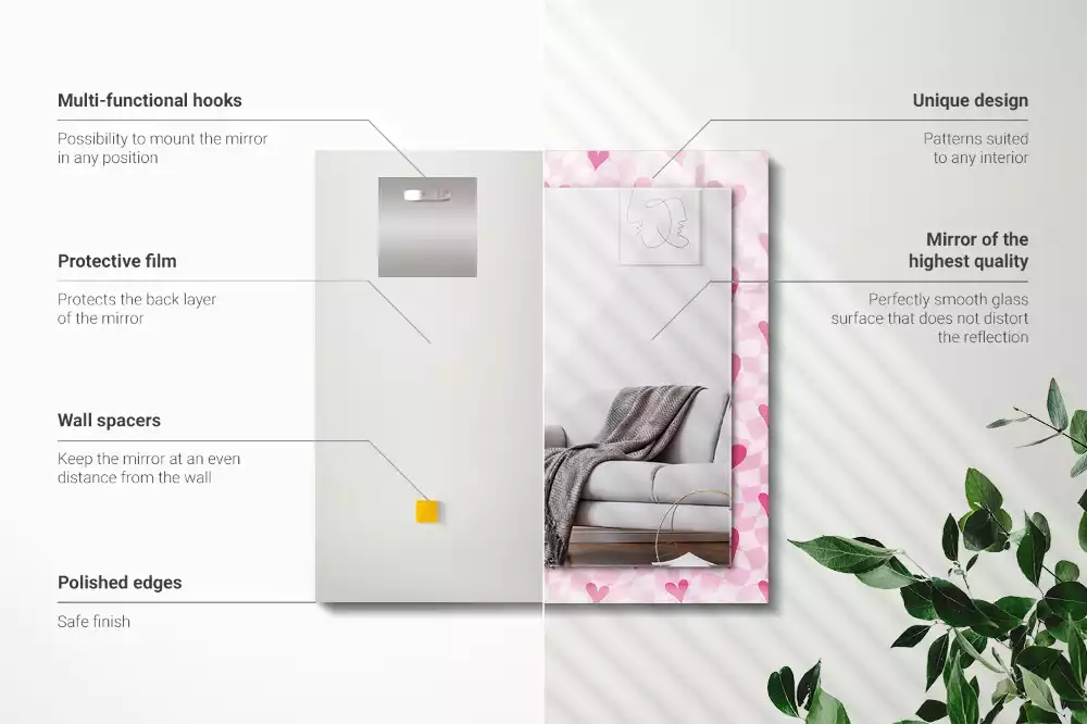 Négyszögletes tükör fali dísz Rózsaszín szívek