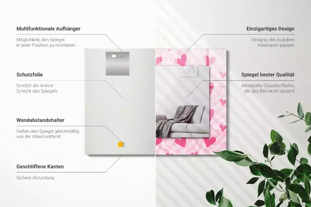 Négyszögletes tükör fali dísz Rózsaszín szívek