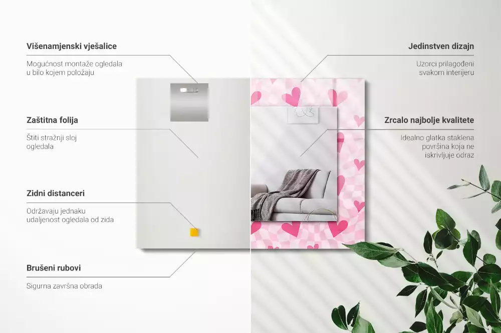 Négyszögletes tükör fali dísz Rózsaszín szívek