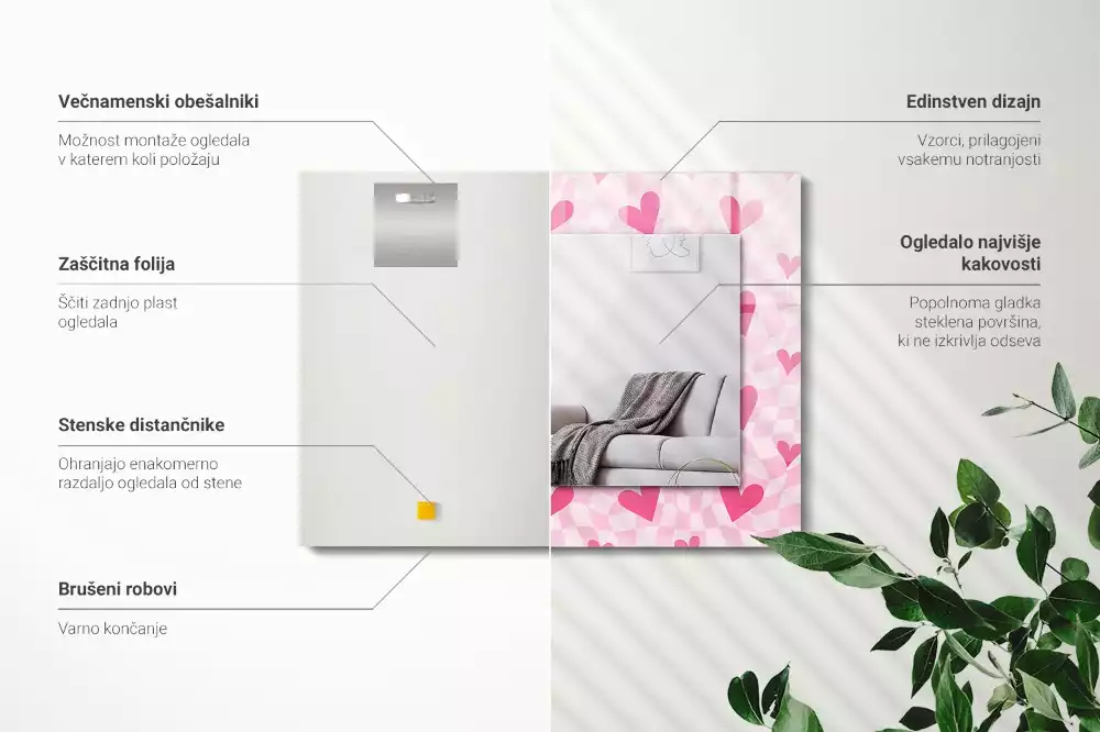 Négyszögletes tükör fali dísz Rózsaszín szívek