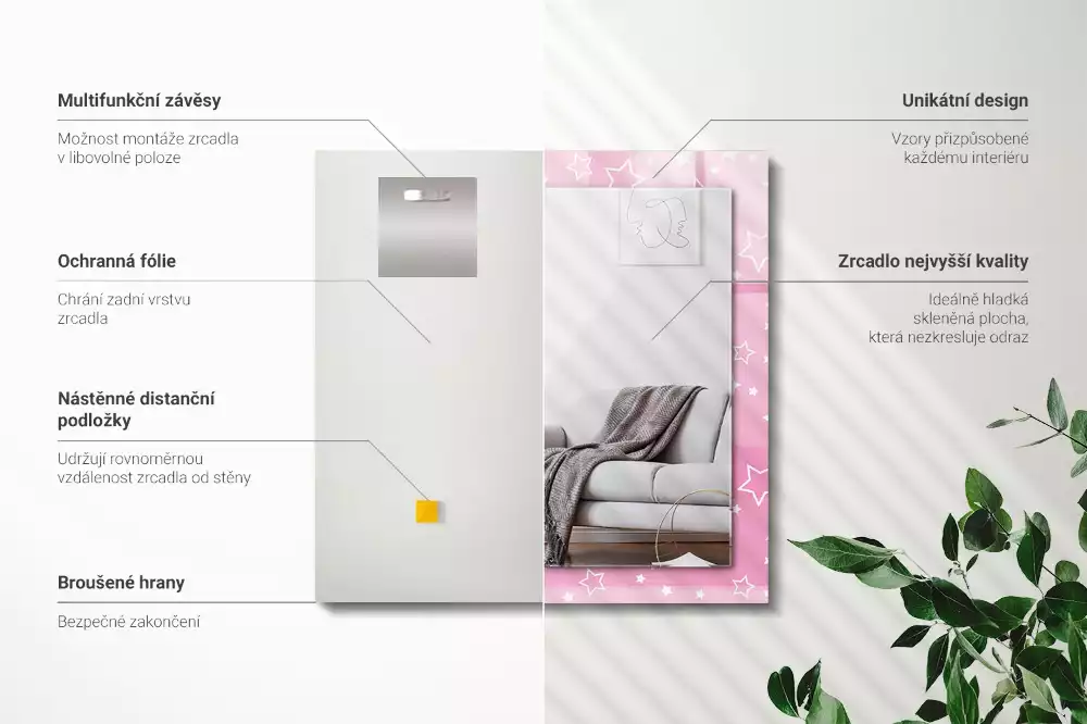 Négyszögletes tükör fali dísz Rózsaszín csillagok