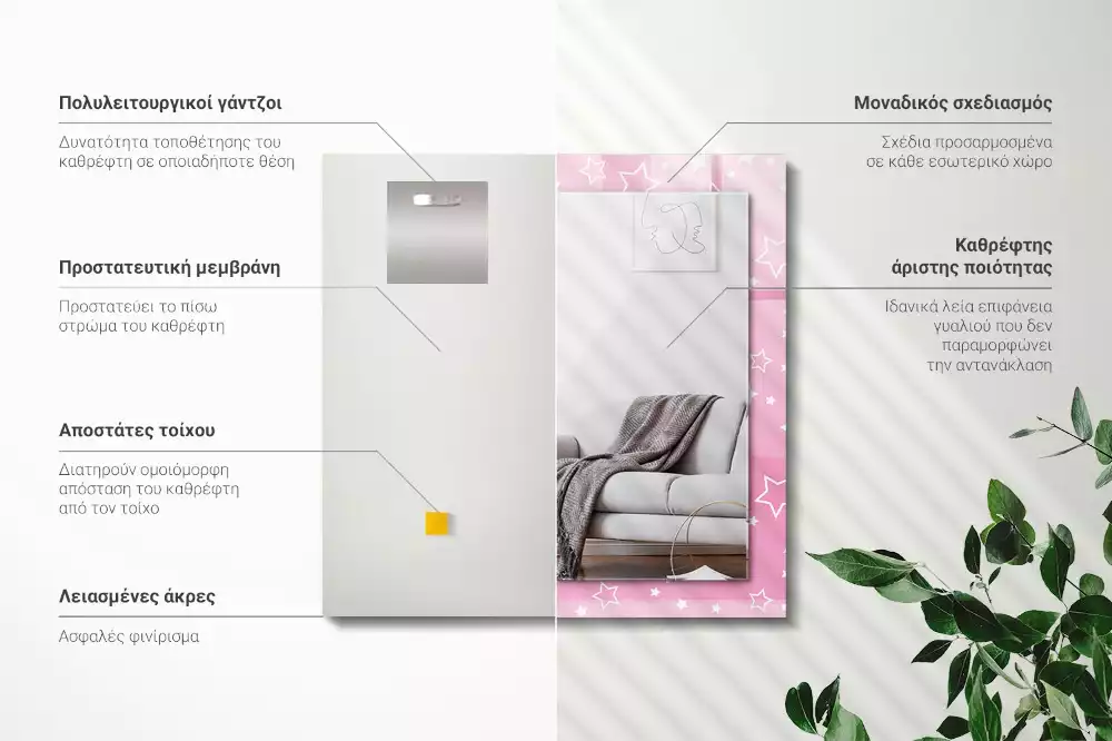 Négyszögletes tükör fali dísz Rózsaszín csillagok