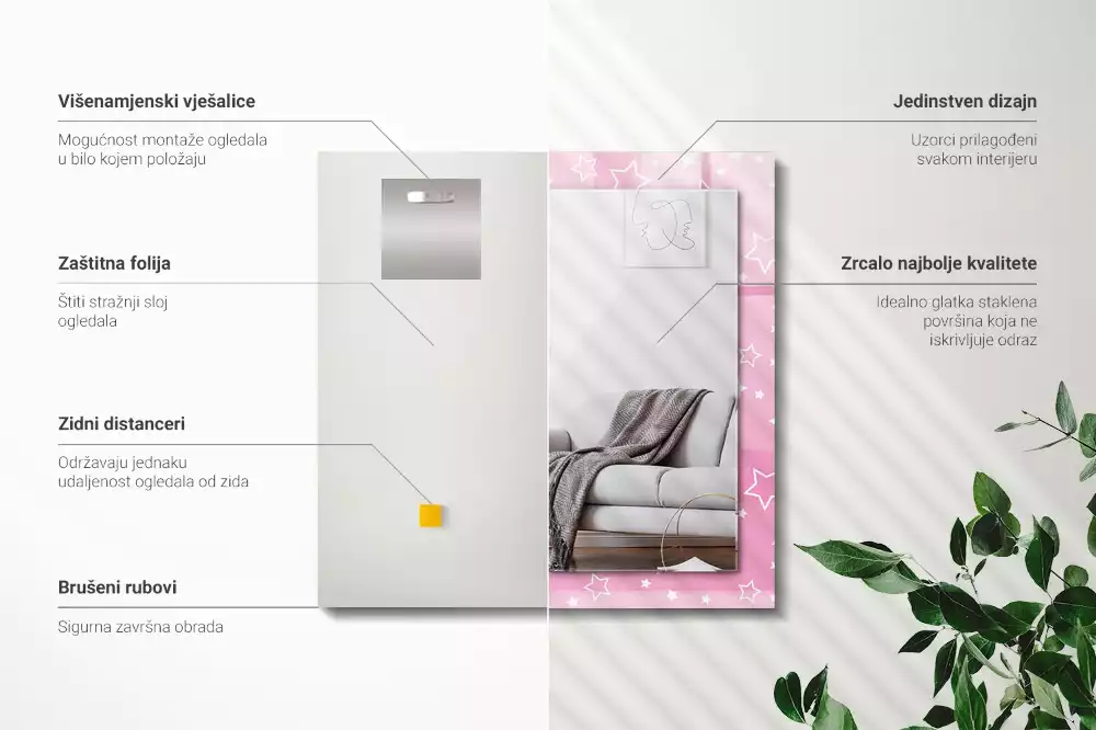 Négyszögletes tükör fali dísz Rózsaszín csillagok