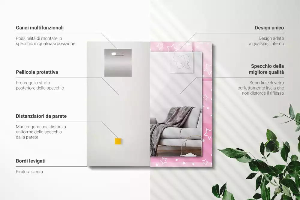 Négyszögletes tükör fali dísz Rózsaszín csillagok