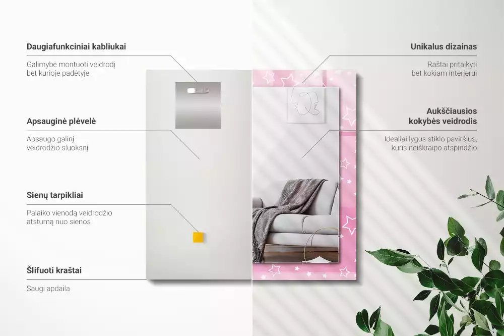 Négyszögletes tükör fali dísz Rózsaszín csillagok