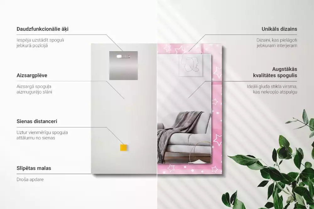 Négyszögletes tükör fali dísz Rózsaszín csillagok