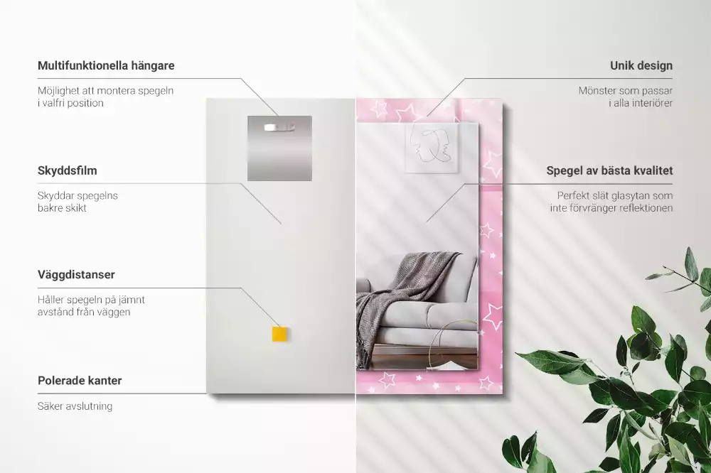 Négyszögletes tükör fali dísz Rózsaszín csillagok