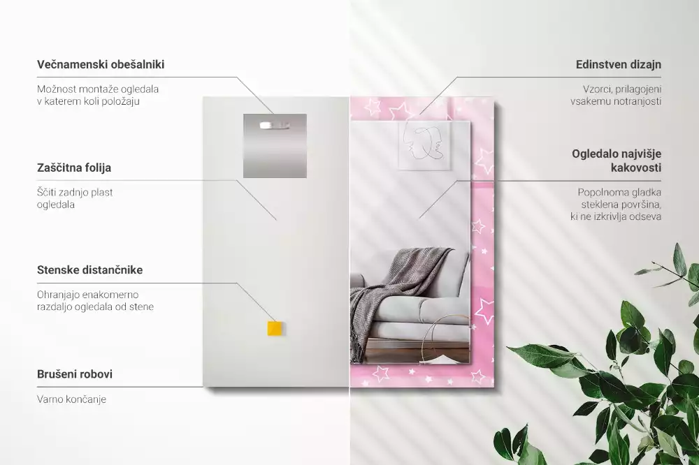 Négyszögletes tükör fali dísz Rózsaszín csillagok