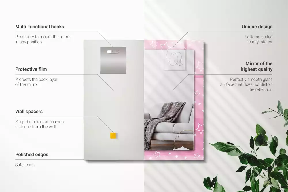 Négyszögletes tükör fali dísz Rózsaszín csillagok