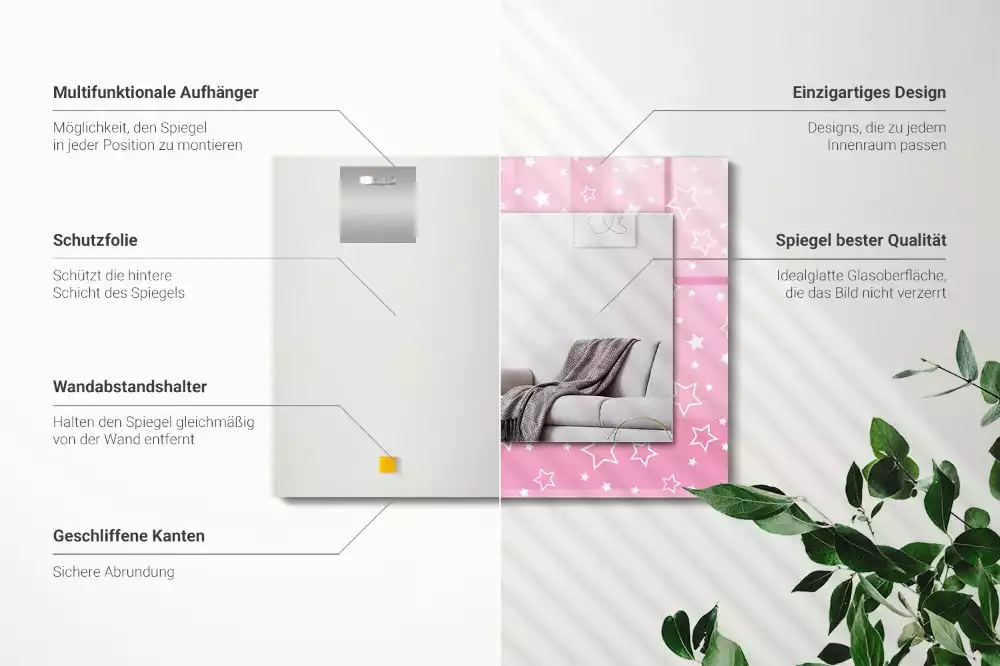 Négyszögletes tükör fali dísz Rózsaszín csillagok