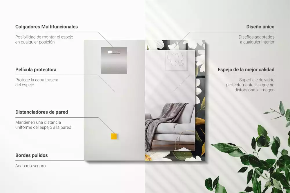 Négyszögletes tükör fali dísz Fehér százszorszép levelek