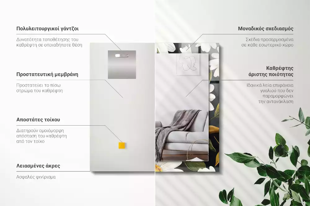 Négyszögletes tükör fali dísz Fehér százszorszép levelek