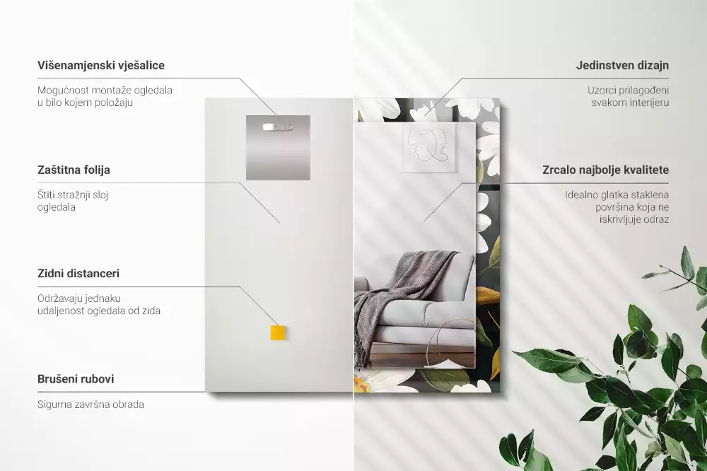 Négyszögletes tükör fali dísz Fehér százszorszép levelek