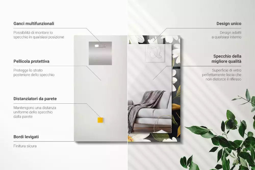 Négyszögletes tükör fali dísz Fehér százszorszép levelek