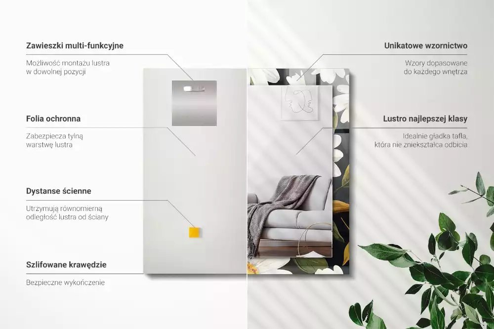 Négyszögletes tükör fali dísz Fehér százszorszép levelek