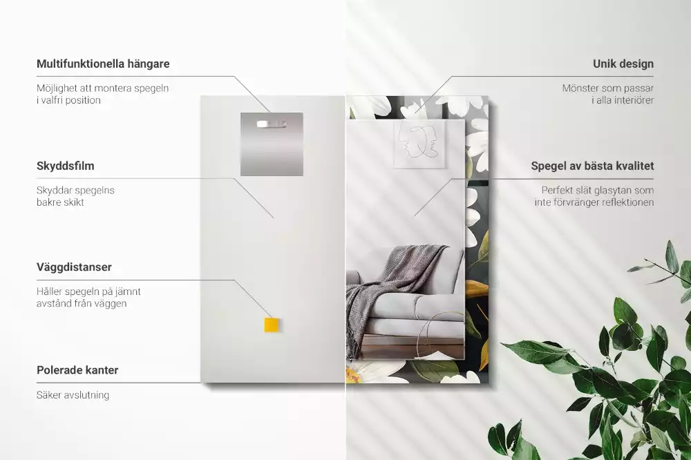 Négyszögletes tükör fali dísz Fehér százszorszép levelek