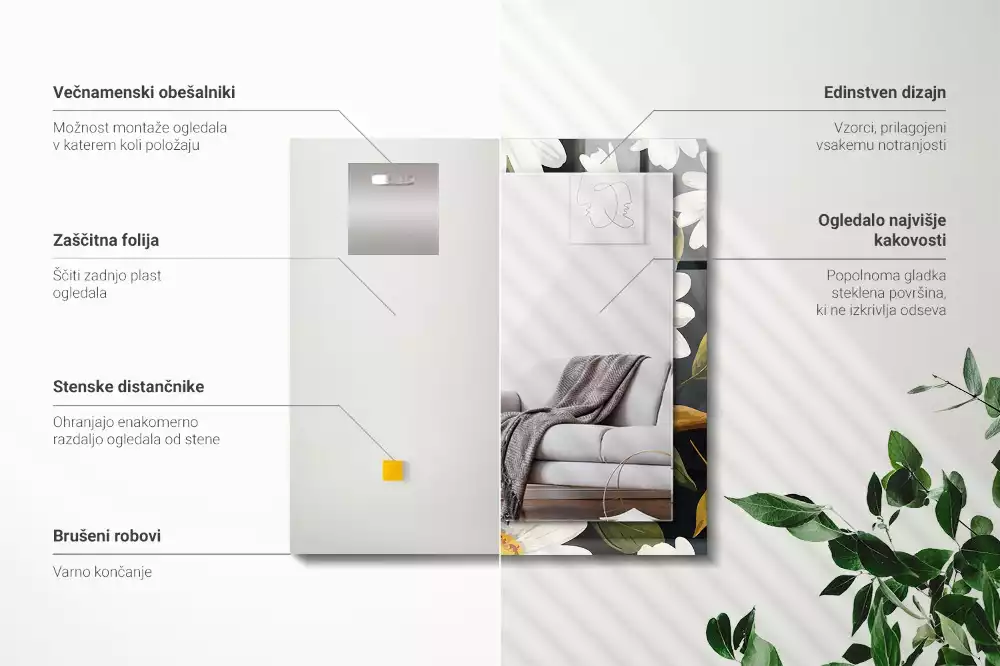 Négyszögletes tükör fali dísz Fehér százszorszép levelek