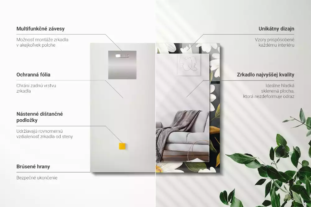 Négyszögletes tükör fali dísz Fehér százszorszép levelek