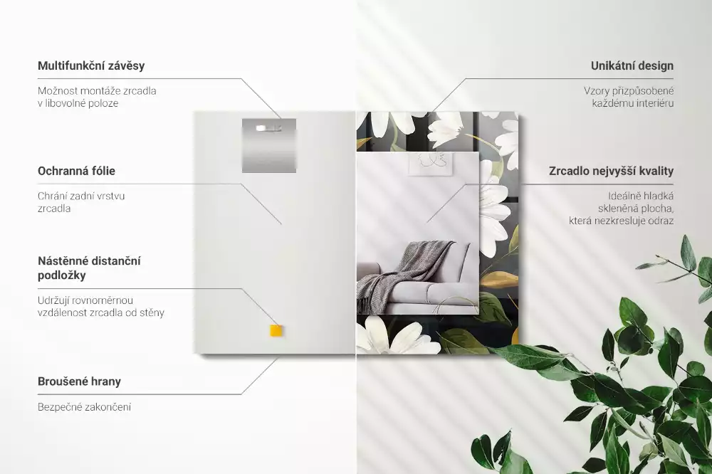 Négyszögletes tükör fali dísz Fehér százszorszép levelek