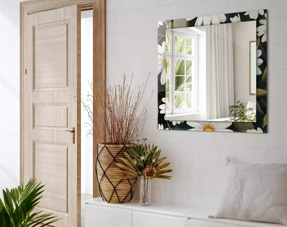 Négyszögletes tükör fali dísz Fehér százszorszép levelek