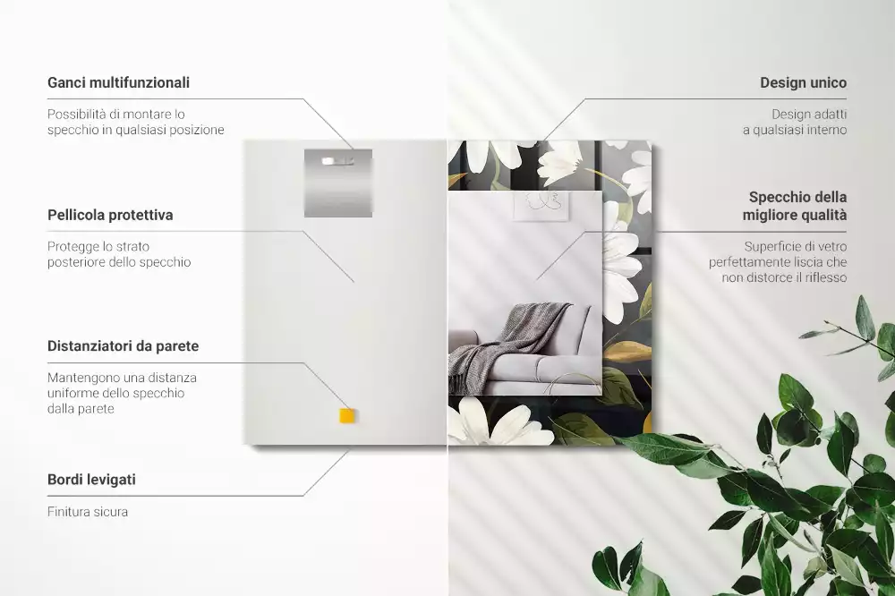 Négyszögletes tükör fali dísz Fehér százszorszép levelek