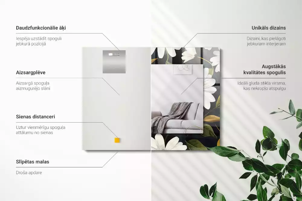 Négyszögletes tükör fali dísz Fehér százszorszép levelek