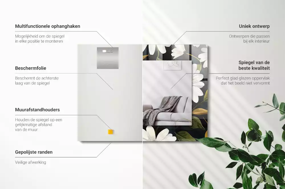 Négyszögletes tükör fali dísz Fehér százszorszép levelek