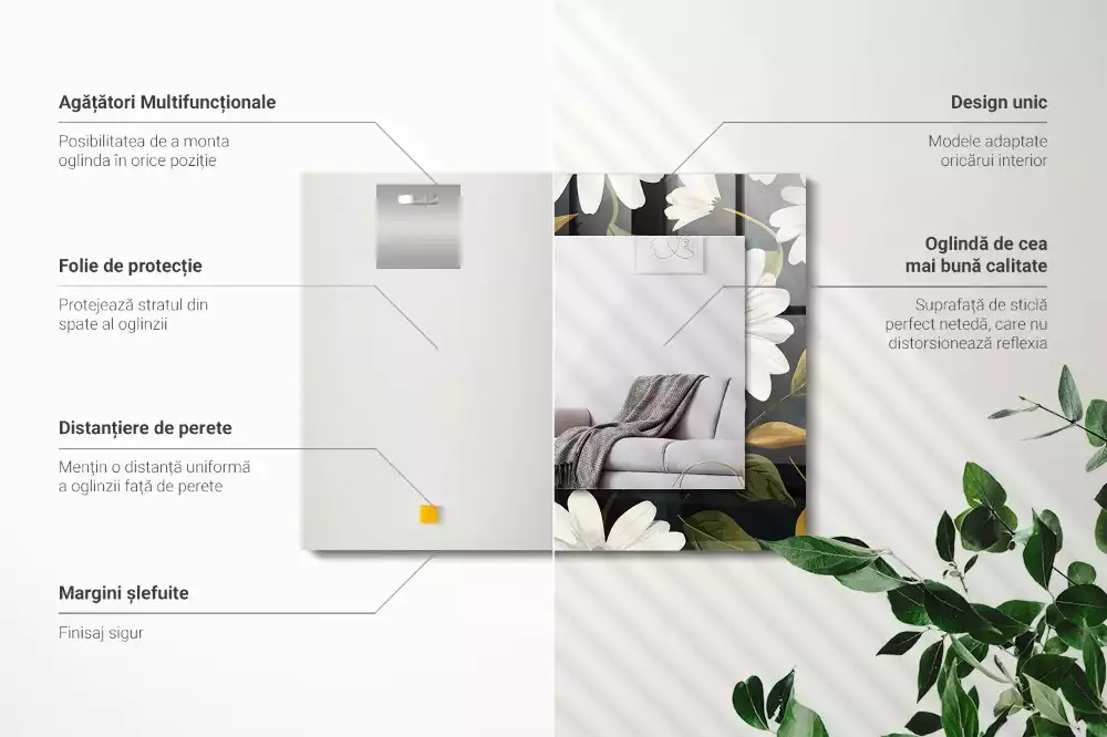 Négyszögletes tükör fali dísz Fehér százszorszép levelek