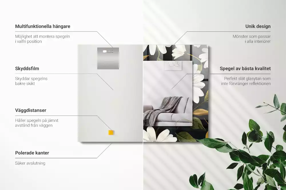 Négyszögletes tükör fali dísz Fehér százszorszép levelek