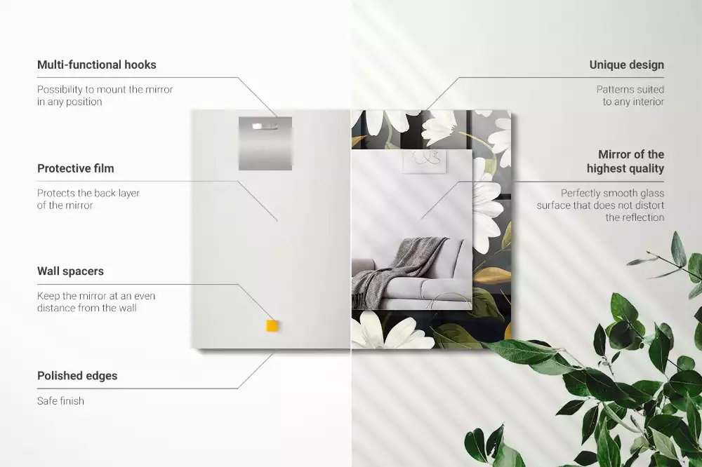 Négyszögletes tükör fali dísz Fehér százszorszép levelek