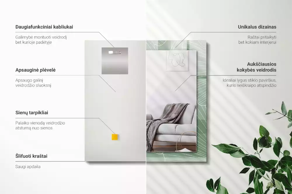 Négyszögletes tükör fali dísz Ginkgo levelek