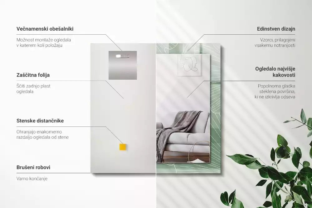 Négyszögletes tükör fali dísz Ginkgo levelek