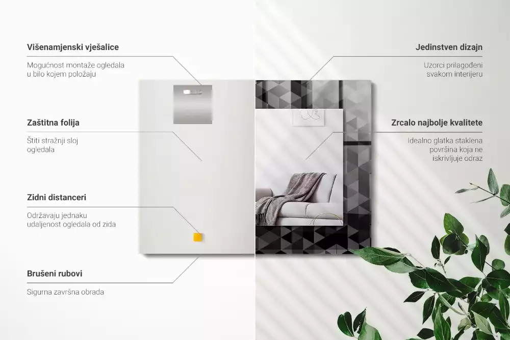 Négyszögletes tükör fali dísz Fekete és szürke háromszögek